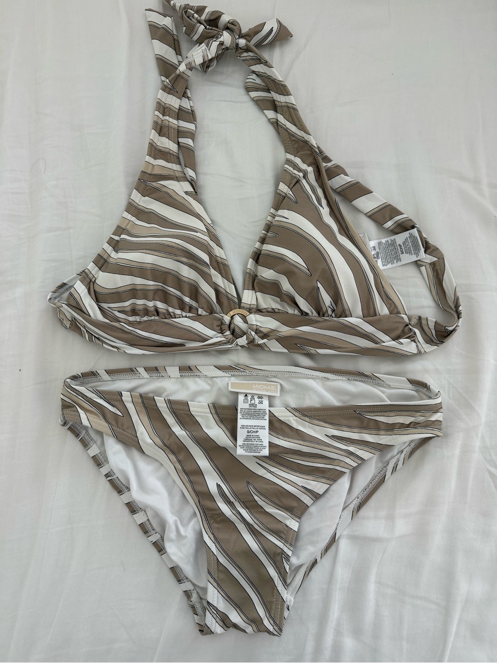 MICHAEL Michael Kors Beige and White Striped Halter Bikini